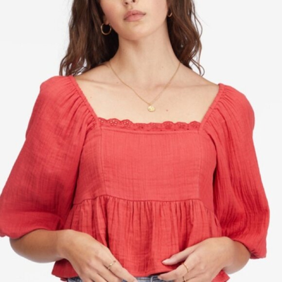 Billabong Cotton Red Mermaidcore Puff Sleeve Beachy Crop Top - Picture 1 of 6